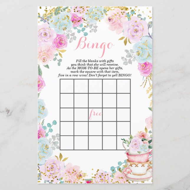 Tea Party Pastel flowers baby shower Bingo (Front)