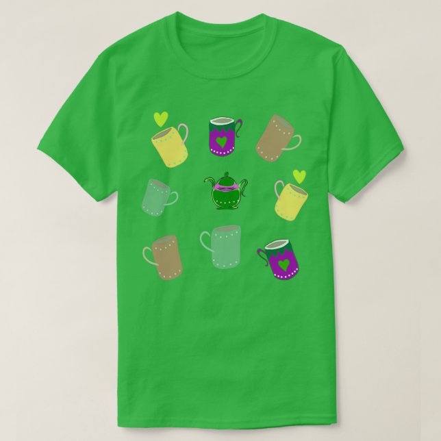 Tea Party Pattern Hand Drawn Mugs and Teapots T-Shirt (Design Front)
