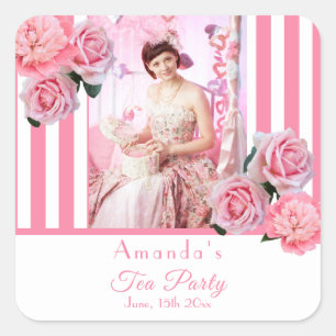 Tea Party photo pink white stripes florals Square Sticker