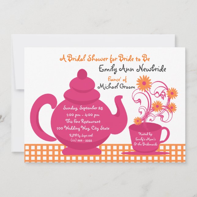 Tea Party Pink and Orange Bridal Shower Invitation (Front)