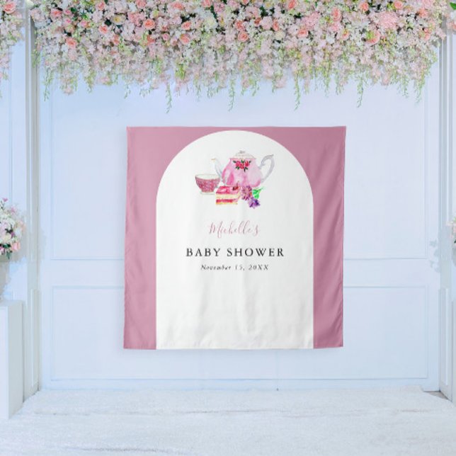 Tea Party Pink Background Baby Shower Photo Booth Tapestry (Creator Uploaded)