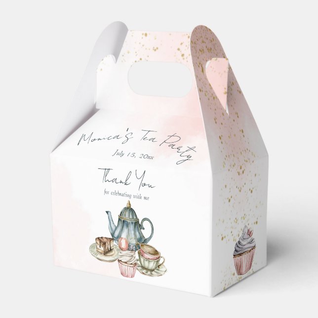 Tea party pink blue birthday thank you favour box (Front Side)