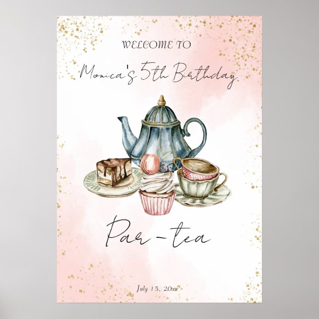 Tea party pink blue watercolor birthday welcome poster (Front)