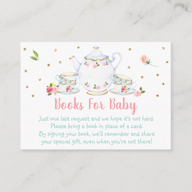 Tea Party Pink Gold Baby Shower Book Request Enclosure Card (Front)