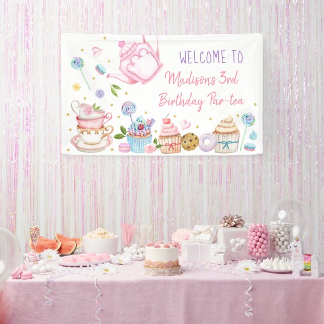 Tea Party Pink Gold Floral Birthday Banner (Party)