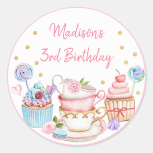 Tea Party Pink Gold Floral Birthday Classic Round Sticker