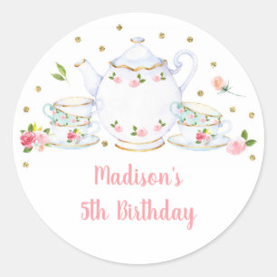 Tea Party Pink Gold Floral Birthday Classic Round Sticker
