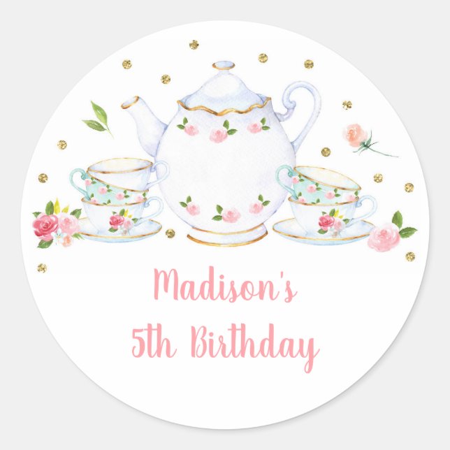 Tea Party Pink Gold Floral Birthday Classic Round Sticker (Front)