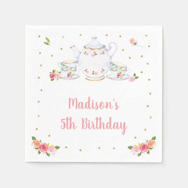 Tea Party Pink Gold Floral Birthday Napkin (Front)