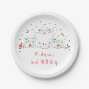 Tea Party Pink Gold Floral Birthday Paper Plate