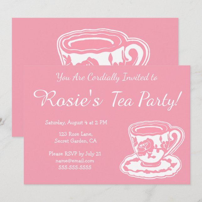 Tea Party Pink Rose Teacup Custom Invitations (Front/Back)