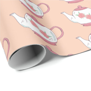 Tea Party Pretty Pink and White Teapots Pattern Wrapping Paper