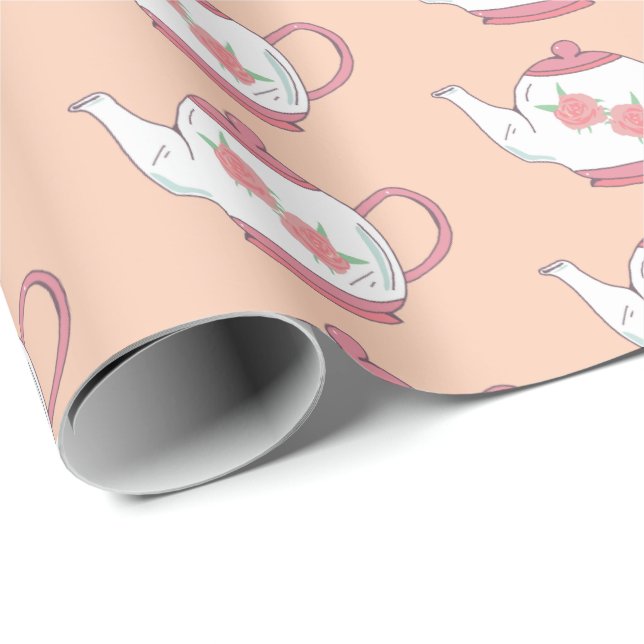 Tea Party Pretty Pink and White Teapots Pattern Wrapping Paper (Roll Corner)