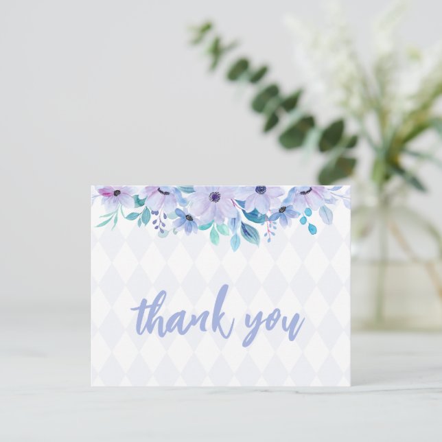 Tea Party Purple Watercolor Baby Shower Thank You Card (Standing Front)