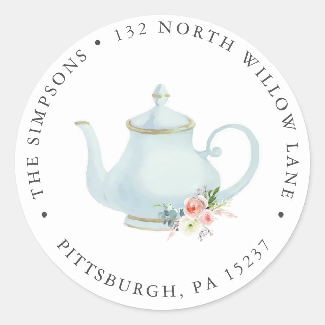 Tea Party Return Address Classic Round Sticker (Front)