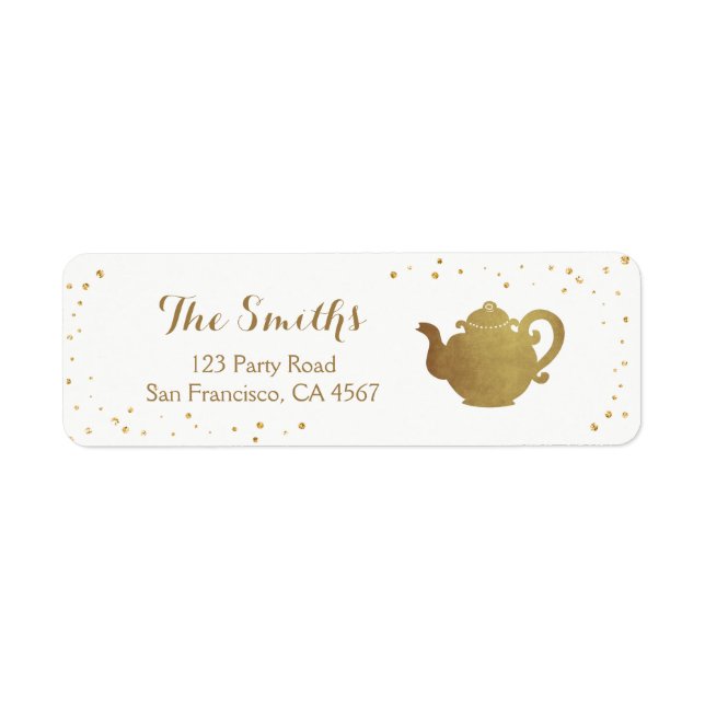 Tea party Return Address Label Teapot gold Bridal (Front)