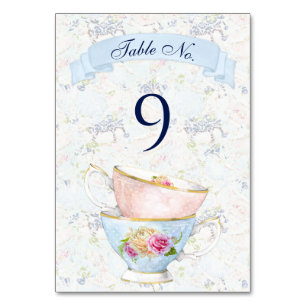 Tea Party Roses Teacups Blue White Pink Yellow Table Number