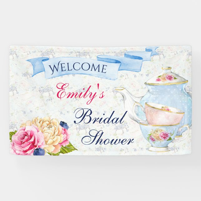 Tea Party Roses Teacups Teapot Banner (Horizontal)