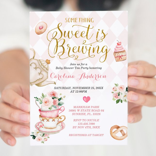  Tea Party Something Sweet is Brewing Baby Shower Invitation (Creator Uploaded)