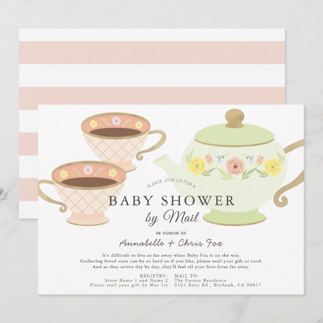 Tea Party Tea Pot & Cups Baby Shower by Mail Invitation (Front/Back)