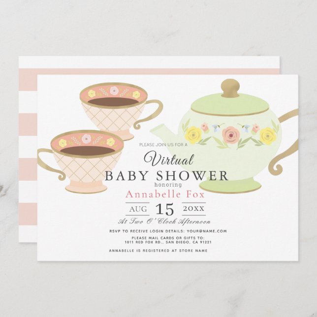 Tea Party Tea Pot & Cups Virtual Baby Shower Invitation (Front/Back)