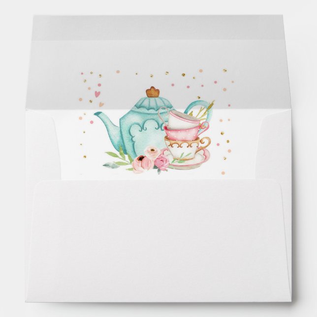 Tea Party Tea Pot Pink Gold Floral Par-tea Girl Envelope (Back (Bottom))