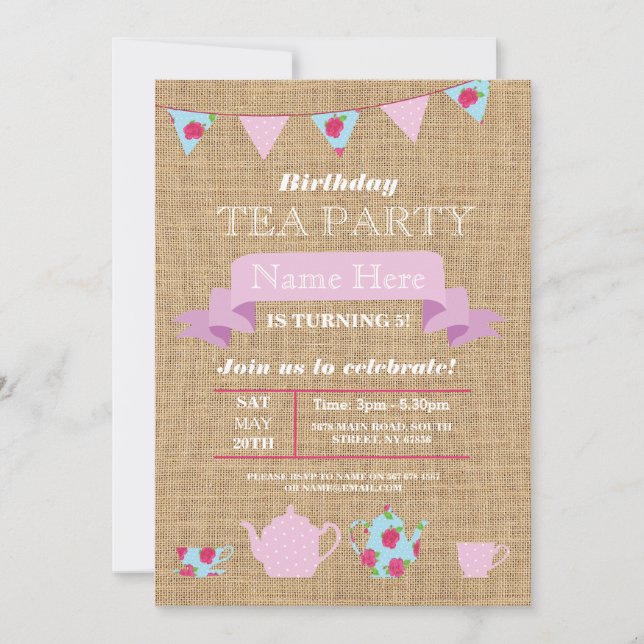 Tea Party Teapot Alice In Wonderland Burlap Invite (Front)