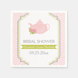 Tea party teapot, chevron pink, green wedding napkin