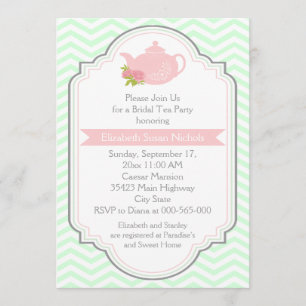 Tea party teapot, chevron pink mint bridal shower invitation