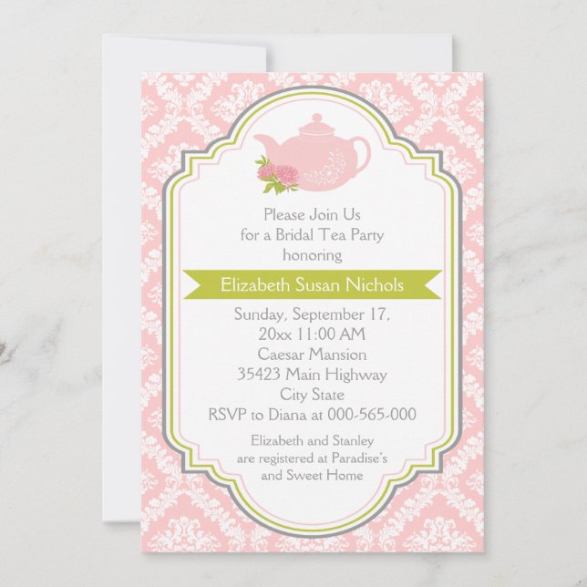 Tea party teapot, damask pink green bridal shower invitation (Front)