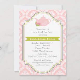 Tea party teapot, damask pink green bridal shower invitation