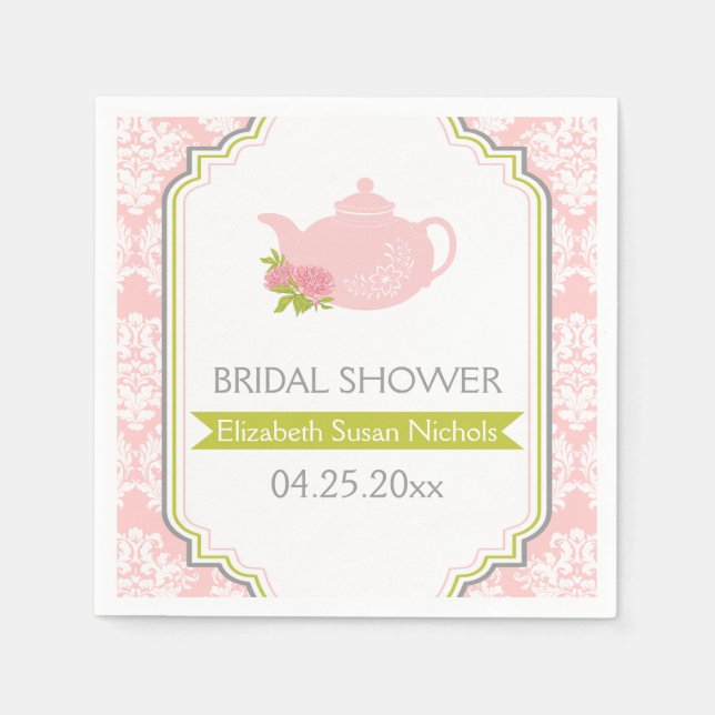Tea party teapot, damask pink, green wedding napkin (Front)