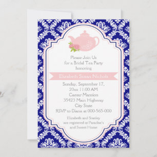 Tea party teapot, damask pink navy bridal shower invitation