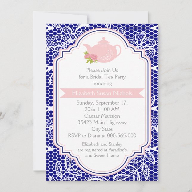 Tea party teapot, lace pink, navy bridal shower invitation (Front)