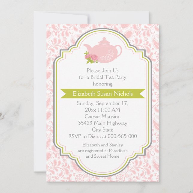 Tea party teapot, paisley pink green bridal shower invitation (Front)