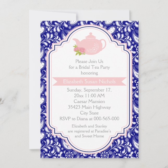 Tea party teapot, paisley pink navyt bridal shower invitation (Front)