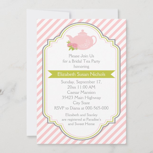 Tea party teapot, stripes pink green bridal shower invitation (Front)