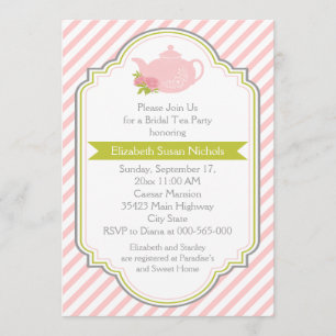 Tea party teapot, stripes pink green bridal shower invitation