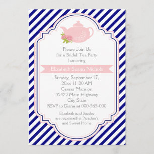 Tea party teapot, stripes pink navy bridal shower invitation