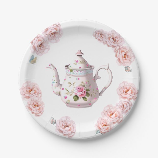 Tea Party Teapot Teacups Pink Rose Flower Paper Plate (Front)