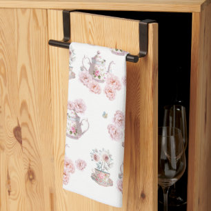 Tea Party Teapot Teacups Pink Rose Flower Towel