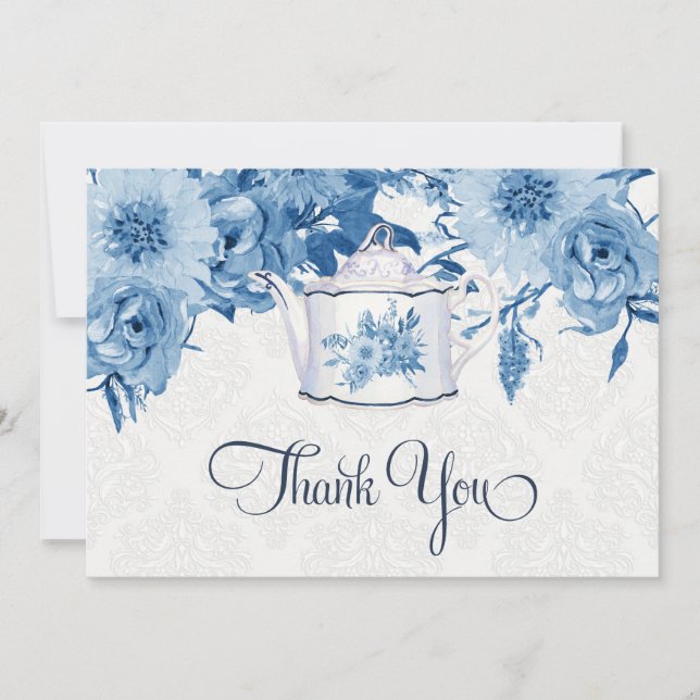 Tea Party Thank You Note Navy Blue n White Floral Card (Front)