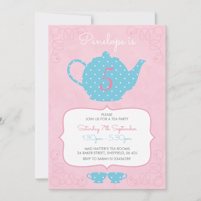 Tea Party themed birthday party invitation (Front)