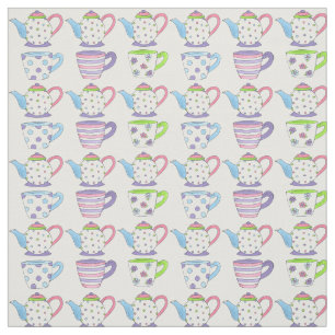 Tea Party Time Pastel Teacups Cups Teapots Print Fabric