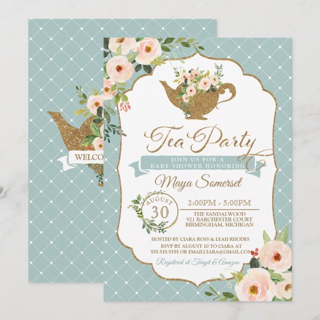 Tea Party Turquoise Blue Blush Floral Baby Shower Invitation (Front/Back)