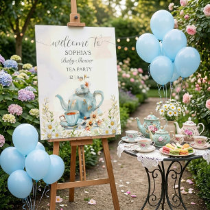 Tea Party Vintage Blue Watercolor Boy Baby Shower Poster