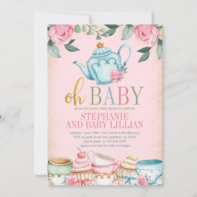 Tea Party Watercolor Floral Baby Shower Invitation (Front)