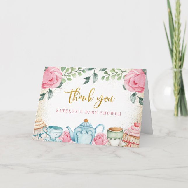 Tea Party Watercolor Floral  Thank You Card (Front)