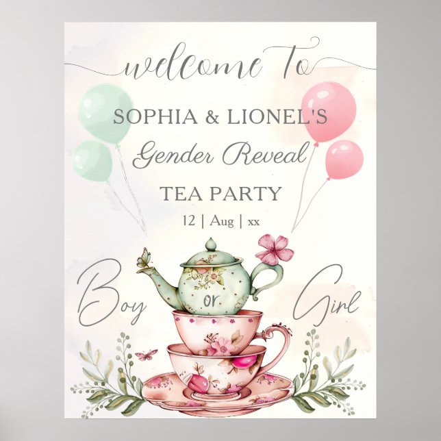 Tea Party Watercolor Teapot Gender Reveal Poster (Front)