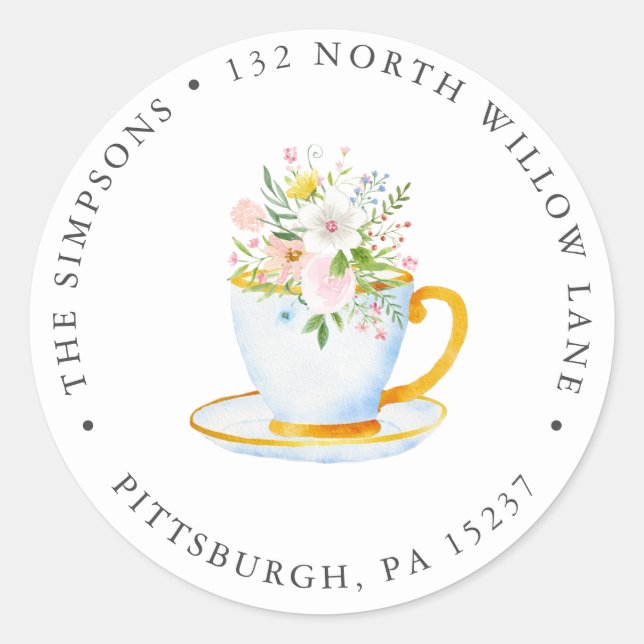 Tea Party Whimsical Wildflower Return Address Classic Round Sticker (Front)